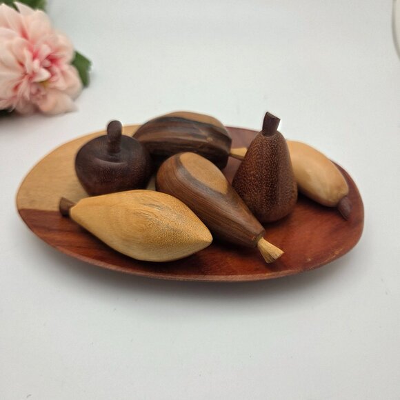 Vintage Rustic Wood Fruits and Tray 6 Piece Hand Made - Picture 1 of 13